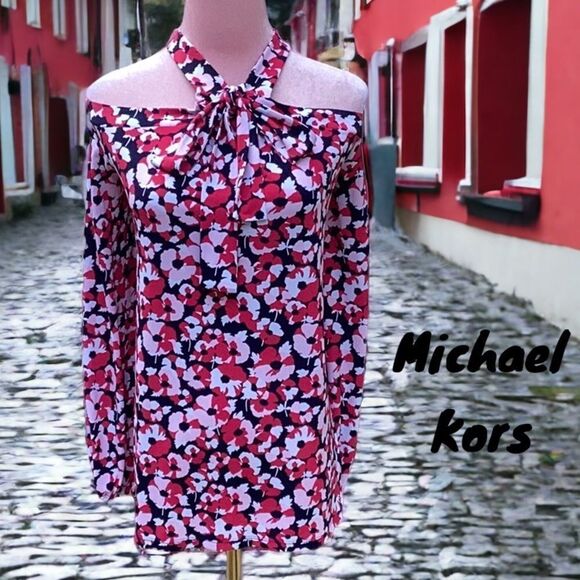 MICHAEL KORS NWT WOMENS TOP BLOUSE NAVY RED FLORAL OFF THE SHOULDER MEDIUM - Picture 1 of 7